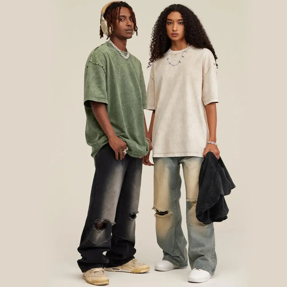Oversized Acid Wash Cotton Tee Loose Fit • Crew Neck • Unisex Streetwear