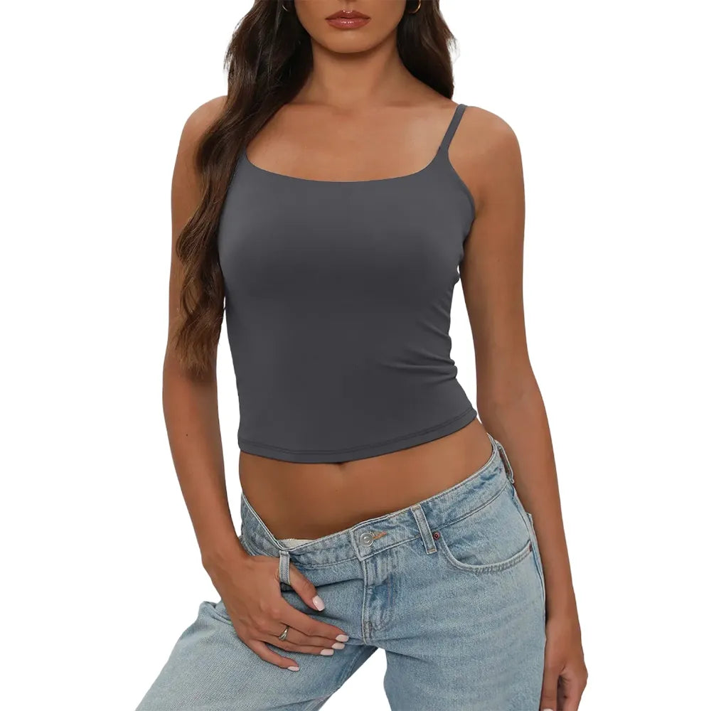 Women's Square Neck Adjustable Strap Double-Layered Slim Tank Top
